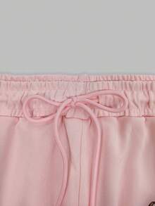 2件/1套女款春夏休閒純色寬鬆蝴蝶結裝飾運動衫、圖案印花圓領上衣與短褲，適合健身、慢跑、返校穿搭 - 粉色 - 查看 5