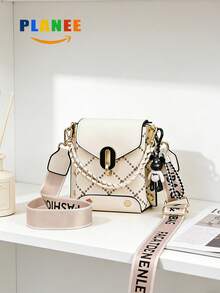 PLanee Women's Crossbody Bag With Chain & Letter Strap, Quilted Flap Shoulder Bag With Bear Charm, Fashionable Small Handbag For Daily Use – Cream White - White - View 1