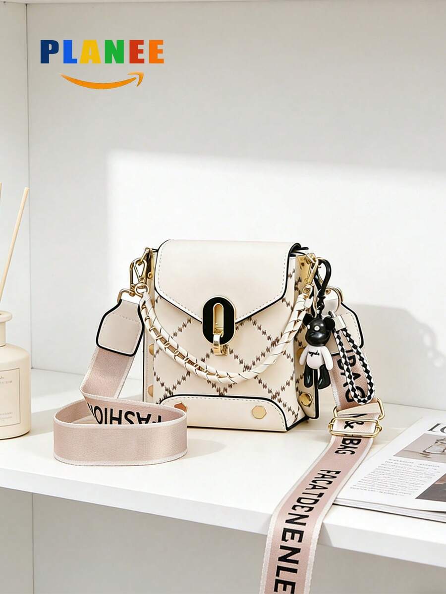 PLanee Women's Crossbody Bag With Chain & Letter Strap, Quilted Flap Shoulder Bag With Bear Charm, Fashionable Small Handbag For Daily Use – Cream White - White - View 1