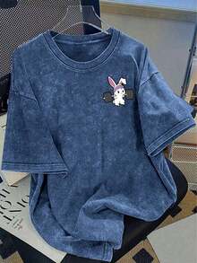 Women's Minimalist Printed Round Neck Short Sleeve Washed Cotton T-Shirt Cute T Shirt Washed T Shirt Anti-Wrinkle Cotton T-Shirt - 藍色 - 查看 5
