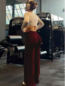 This Solid Color Yoga Wide-Leg Pants Are Comfortable And Slimming, Suitable For Running, Fitness, And Various Yoga Activities. - 勃根地 2 - 查看 4