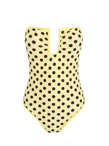 时尚波点镂空连体泳衣 2026 女士深U领褶皱抹胸泳装，适合夏季海滩度假，可拆卸肩带 - 黃色 - 查看 6