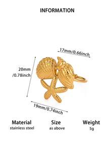 Women's Stainless Steel Starfish & Shell Combination Adjustable 18K Gold Plated Waterproof Elegant Ring, Suitable For Summer Beach, Wedding, Travel, Best Friend Birthday Gift - Multicolor - View 3