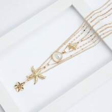 4pcs/Set Bohemian Style Faux Shell & Starfish Necklace Set, Fashionable Summer Beach Style Jewelry, Suitable As Gift - Gold - View 3