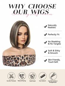 12 Inch Short Straight Brown Highlight Wig For Women, White Highlight With Dark Roots, Suitable For Daily Wear And Cosplay, High Temperature Fiber Material - Brown Highlight - View 7