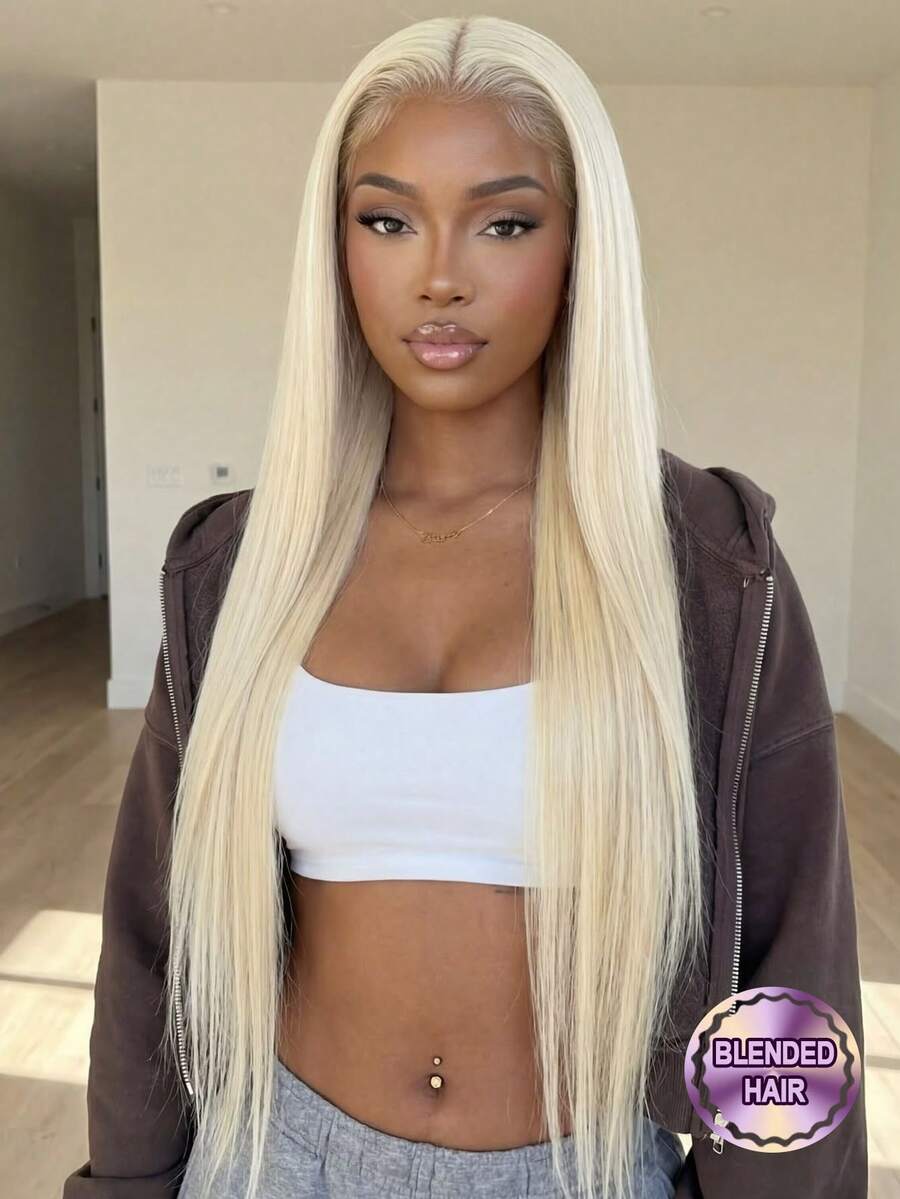 200% 密度酒红色直发假发，预拔毛蕾丝假发，28 英寸隐形绑带 13x4 蕾丝前额抽绳假发，34 英寸 #613 金色假发，13x4 透明蕾丝前额真人发混纺假发，女士款 - S613 - 查看 1