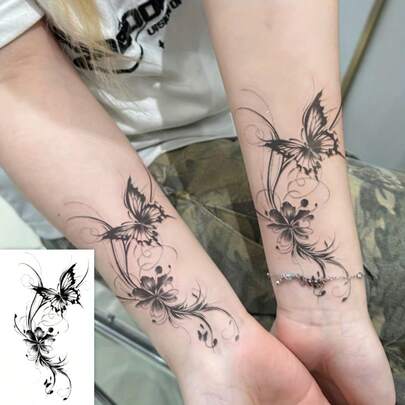 15天防水临时纹身贴纸 | 花朵和蝴蝶图案 | 适用于手臂、腿部、腰部，逼真纹身效果 | 男女通用假纹身贴纸