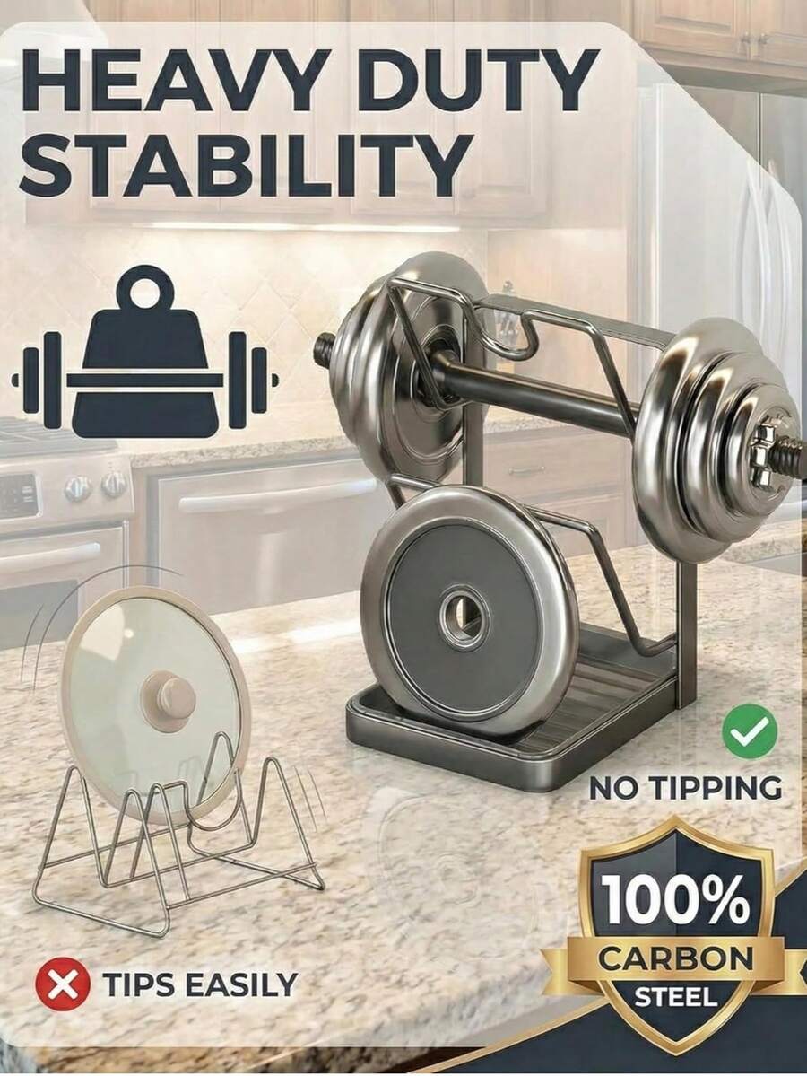 1pc Multi-Function Kitchen Pot Lid Organizer Rack, Made Of Thick Carbon Steel, With Removable Drip Tray And Utensil Holder, 2-Tier U-Shaped Slots Design To Hold Various Pot Lids, Spatulas And Spoons, Rust-Resistant Durable Kitchen Storage Solution