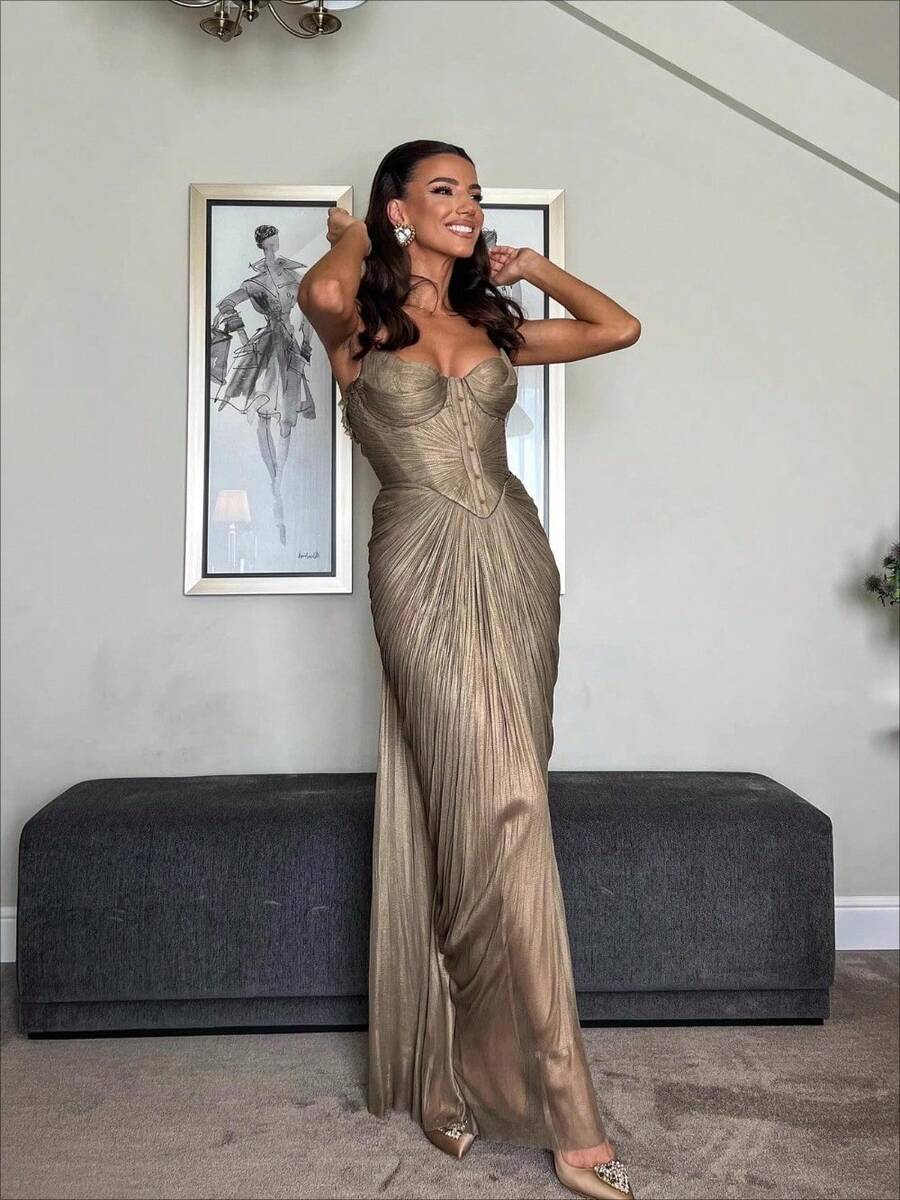 Women's Metallic Pleated Bustier Maxi Dress Spaghetti Strap Ruched Slit Evening Party Gown - 金色 - 查看 1