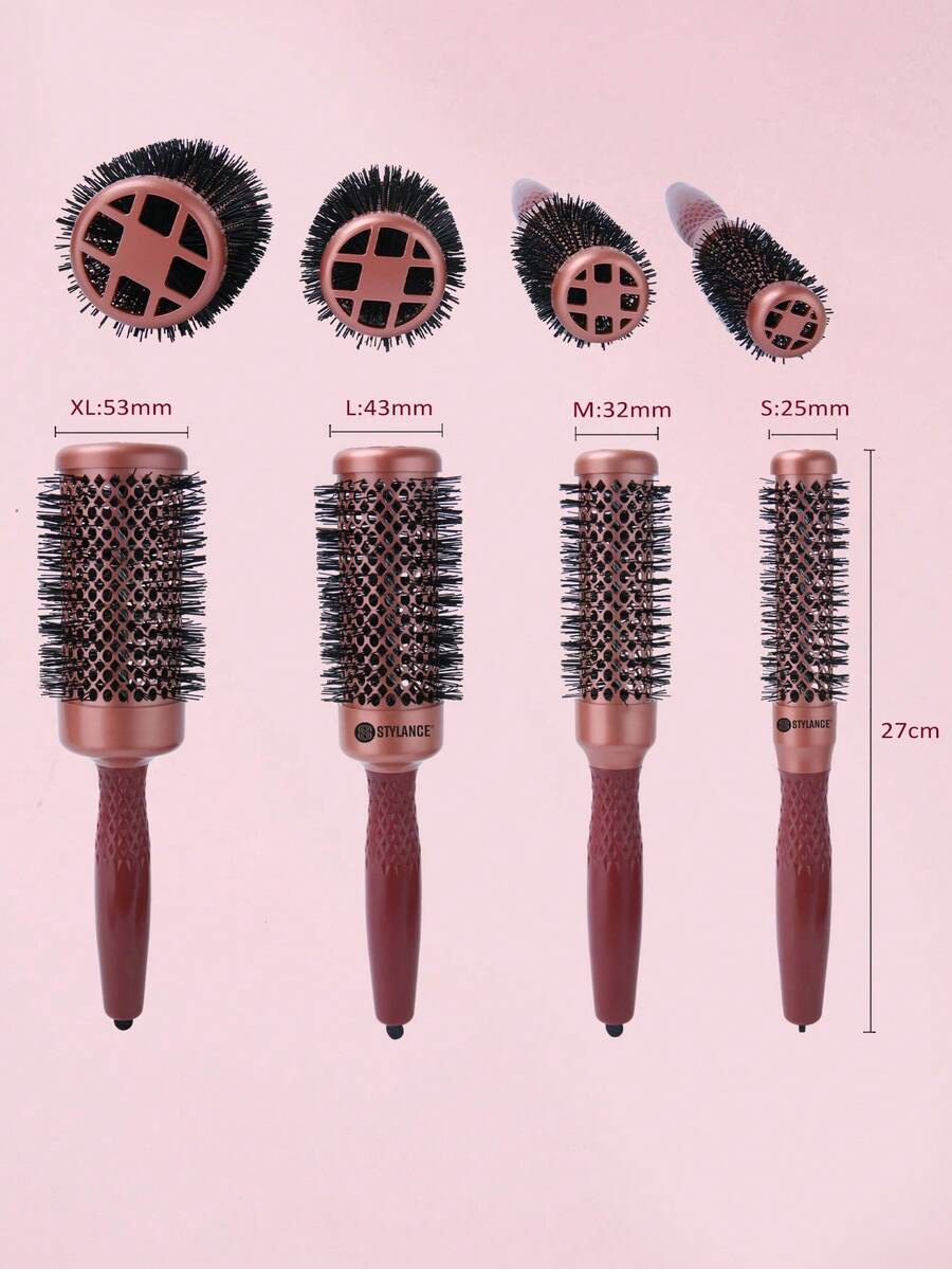 1 chiếc lược cuốn tóc Stylance dùng trong salon, công nghệ ion âm nano, thân bằng nhôm mạ gốm vàng hồng, lông nylon, cán bọc cao su ABS màu đỏ gạch. - Rỉ Nâu - Xem 1