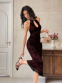 Women's Elegant Floral Flocked Sheer Backless Halter Mid-Length Dress  Women Dresses Birthday  Women Birthday Outfit Chinese Elements/Summer\Wedding Guest Dress\Party - Nhiều màu - Xem 13