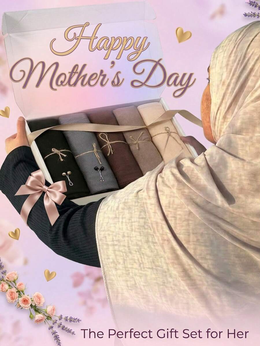 7件套（5条纯色针织头巾围巾套装+2个发夹），时尚女士头饰，母亲节礼物 - 彩色 - 查看 1