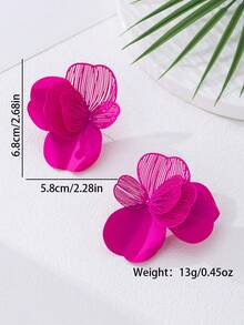 1对时尚优雅的金属质感花朵吊坠耳环，适合女性日常和派对装扮 - 玫紅色 - 查看 7