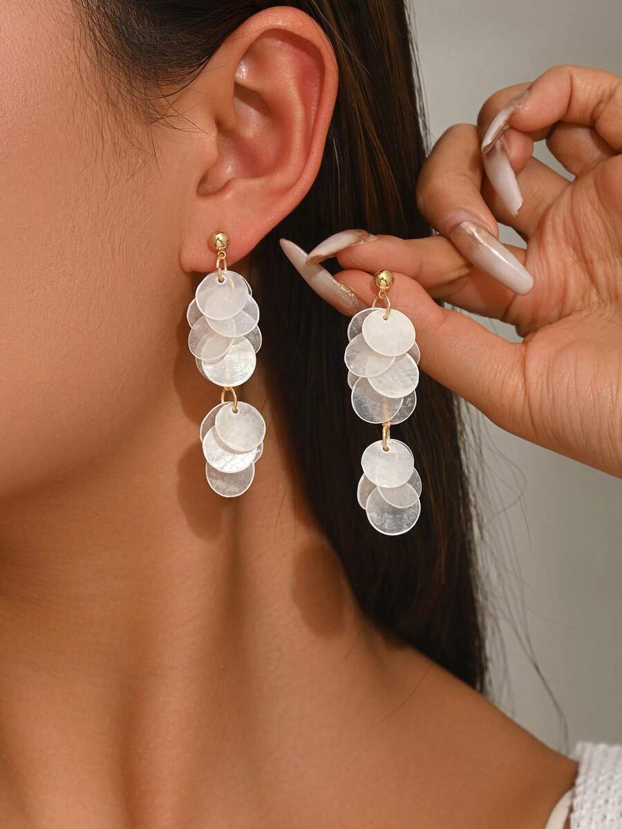 Women's White Shell Pendant Earrings, Gold Shell Sequin Drop Earrings, Bohemian Multi-Layer Shell Jewelry