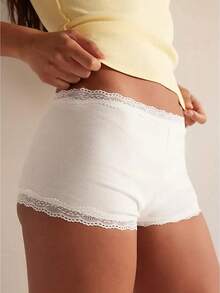 Women Micro Shorts Lace Trim Y2k Low Rise Full Coverage Boxer Lace Briefs Underwear Lounge Shorts Cute Boyshorts Panties Pjs Bottoms Short Pants - 白色 - 查看 1