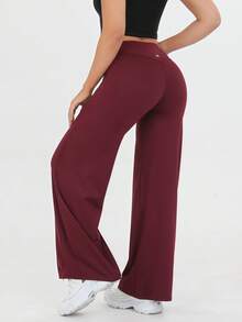 Women's Spring And Summer High Waisted Sports And Leisure Yoga Outdoor Wide Leg Pants, High Waisted Design, Loose Hanging, Daily Slimming, Versatile Solid Color, Suitable For Outdoor Sports, Fitness Yoga, Commuting, And Street Wear - 酒紅色 - 查看 4