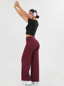 Women's Spring And Summer High Waisted Sports And Leisure Yoga Outdoor Wide Leg Pants, High Waisted Design, Loose Hanging, Daily Slimming, Versatile Solid Color, Suitable For Outdoor Sports, Fitness Yoga, Commuting, And Street Wear - 酒紅色 - 查看 7