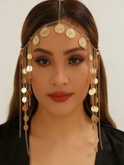 1件阿拉伯风格金色亮片硬币流苏发链，适合女性和女孩佩戴，可作为头饰或发饰。