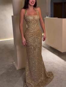 2026 Spring/Summer New Design Metallic Beaded Neckline Fashion Dress For Women - Ideal For Vacation Parties And Casual Events - Women's Gift - 金色 - 查看 1