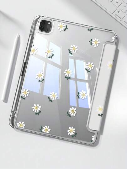 可爱卡通雏菊图案亚克力透明水晶后盖，防震，适用于iPad 7、8、10代（10.2英寸），内置笔槽，支持睡眠/唤醒功能，是理想的礼物之选。