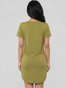 Womens V Neck Short Sleeve Casual Tee Dress Knitted Fabric High Stretch Elegant Midi Dress - Cành ô liu - Xem 3