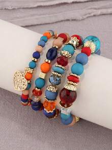 Set de 4 pulseras con cuentas de cristal multicapa y colgante de corazón, estilo bohemio, para mujeres - Celeste - Ver 7