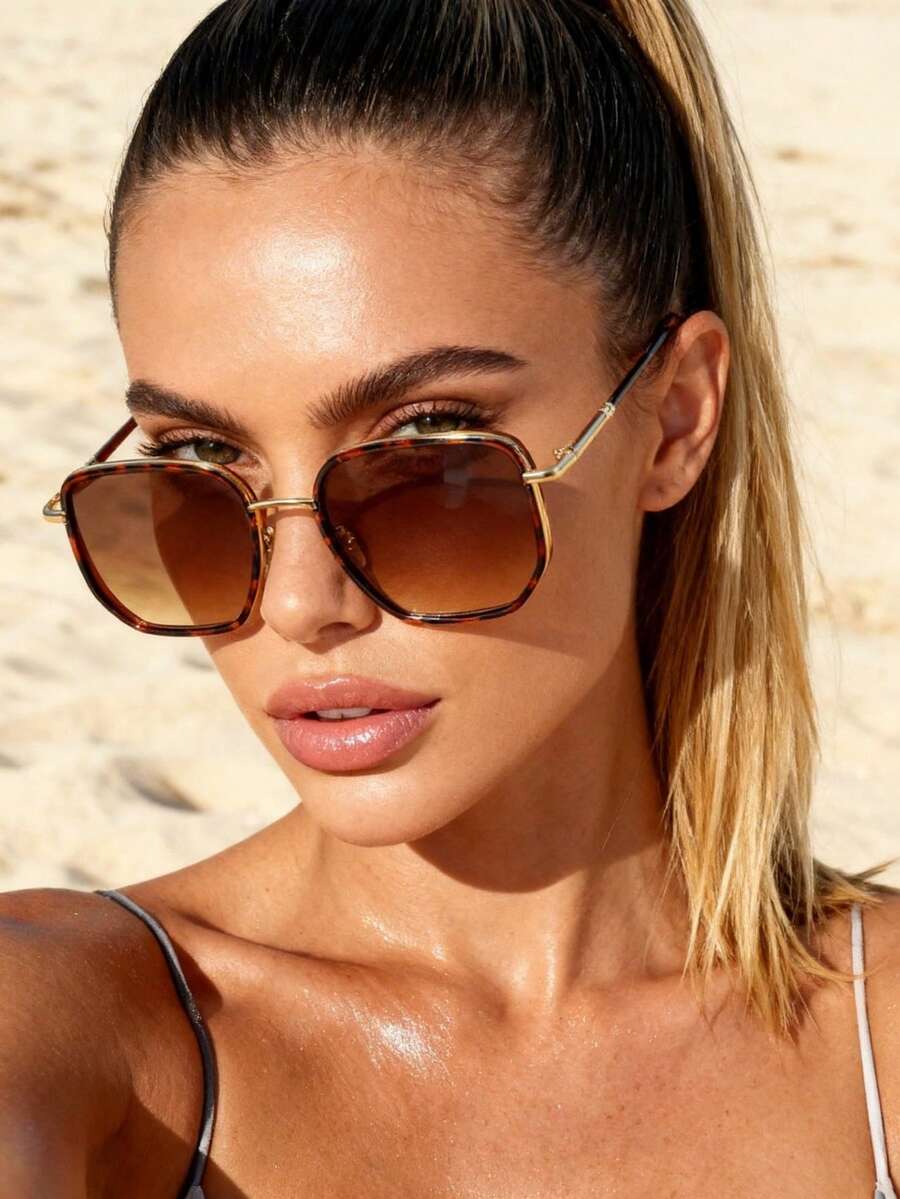 1件装塑料金属方形金属框眼镜架，优雅高级精致太阳镜，春假时尚眼镜，女士夏季海滩优雅外出装扮 - 彩色 - 查看 1