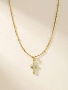 1pc Minimalist Elegant Gold-Plated Copper Zirconia Cross Pendant Necklace With Beaded Chain, Gift For Family, Friends, Daily Wear, Travel - Gold - View 2