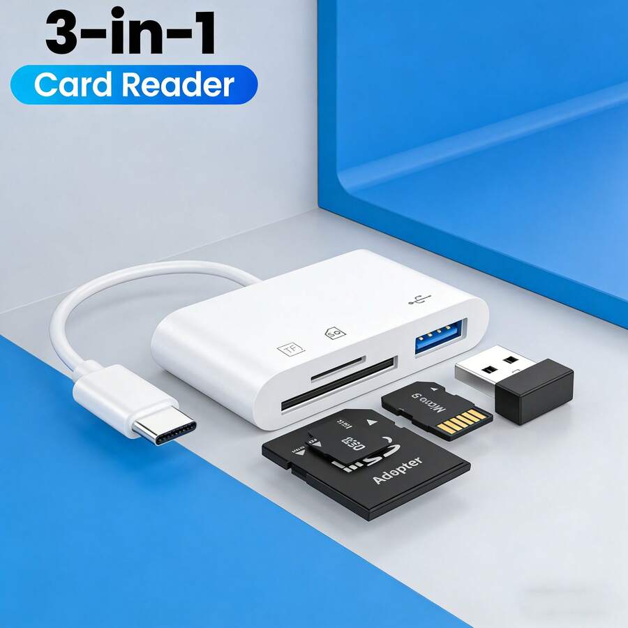 3-In-1 USB C Card Reader For SD/SDHC/SDXC/Micro SD/CF Cards, Plug And Play C-Type Adapter For Cameras And Phones - White - View 1