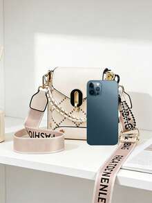 PLanee Women's Crossbody Bag With Chain & Letter Strap, Quilted Flap Shoulder Bag With Bear Charm, Fashionable Small Handbag For Daily Use – Cream White - White - View 4