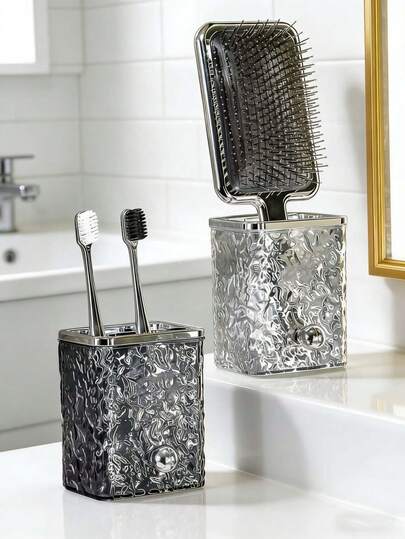 1pc Light Luxury Wall Mounted Storage Tube For Bathroom, No Need To Drill Holes, Comb, Makeup Brush, Shelf, Water Ripple Shiny Surface, Metal Texture, Washbasin Storage Box, Bathroom Shelf, Dressing Table, Skincare Products, Makeup Tools, Organizing Bucket, Entrance Key, Small Object Hanging Wall Mounted Storage Tube, Nail Free Installation, No Damage To The Wall, Detachable Design, Easy To Clean