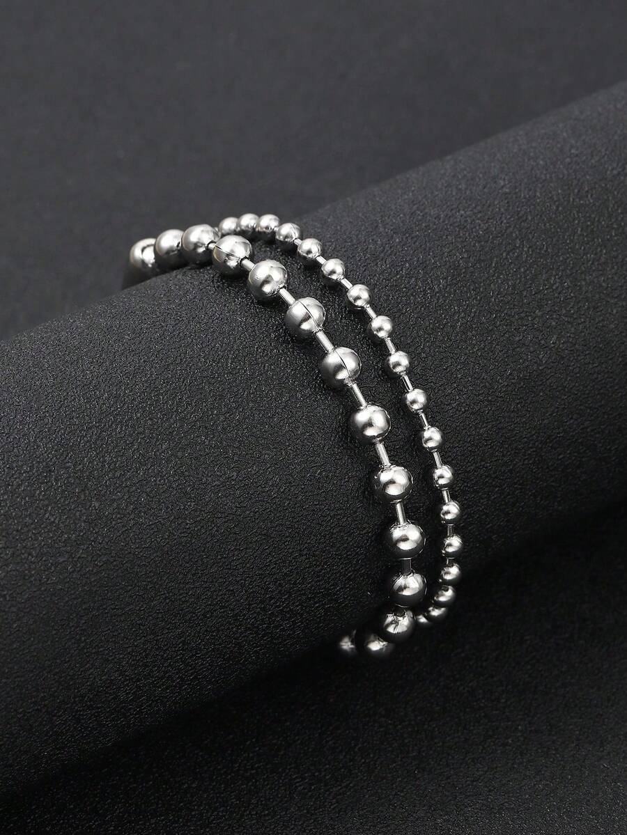 2件套不锈钢珠链手链，时尚简约设计，男士款 - 銀色 - 查看 1