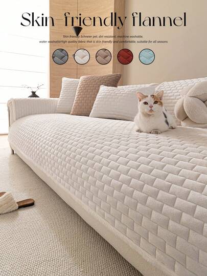 1件装米白色水晶绒加厚沙发垫，防猫抓，简约奢华，防滑坐垫，适用于1-4人沙发，沙发保护套，可机洗