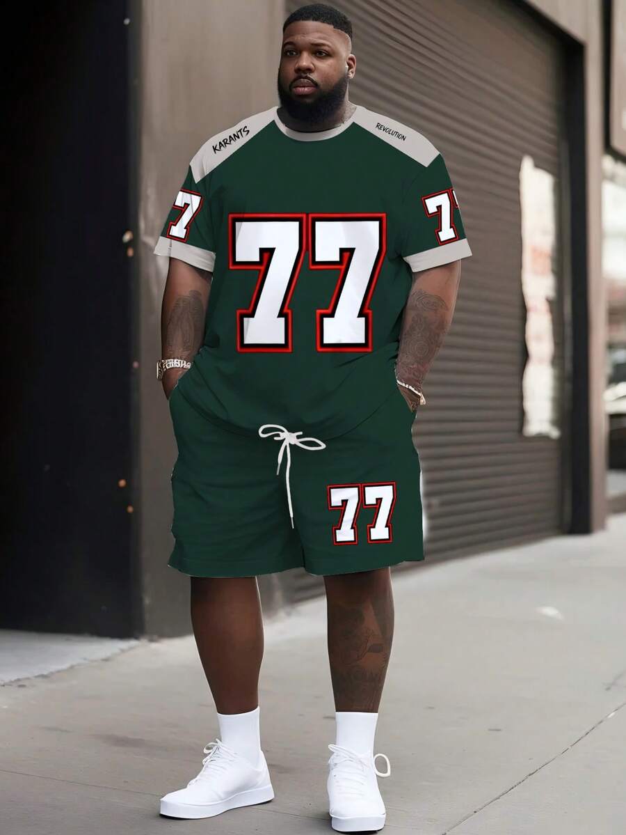 Men's Casual Street Style "Patchwork Contrast 77" Pattern Sports Set - Polyester Knit Fabric, Round Neck Design, Drawstring Shorts, Pocket Details, Regular Fit, Suitable For Plus Size - Army Green - View 1