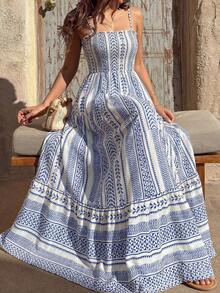 Đầm maxi Vuslat dành cho nữ, kiểu dáng bohemian lãng mạn, họa tiết hoa nhí, dây đeo điều chỉnh được, viền bèo nhún, phù hợp cho đi làm hàng ngày, hẹn hò buổi tối, đám cưới, tiệc sinh nhật - Thanh lịch và quyến rũ, mùa xuân/hè. - Màu xanh lam - Xem 1