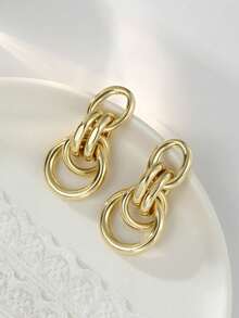 1 Pair Fashionable Geometric Hoop Earrings, Copper Material Gold Color - Style 2 - View 5