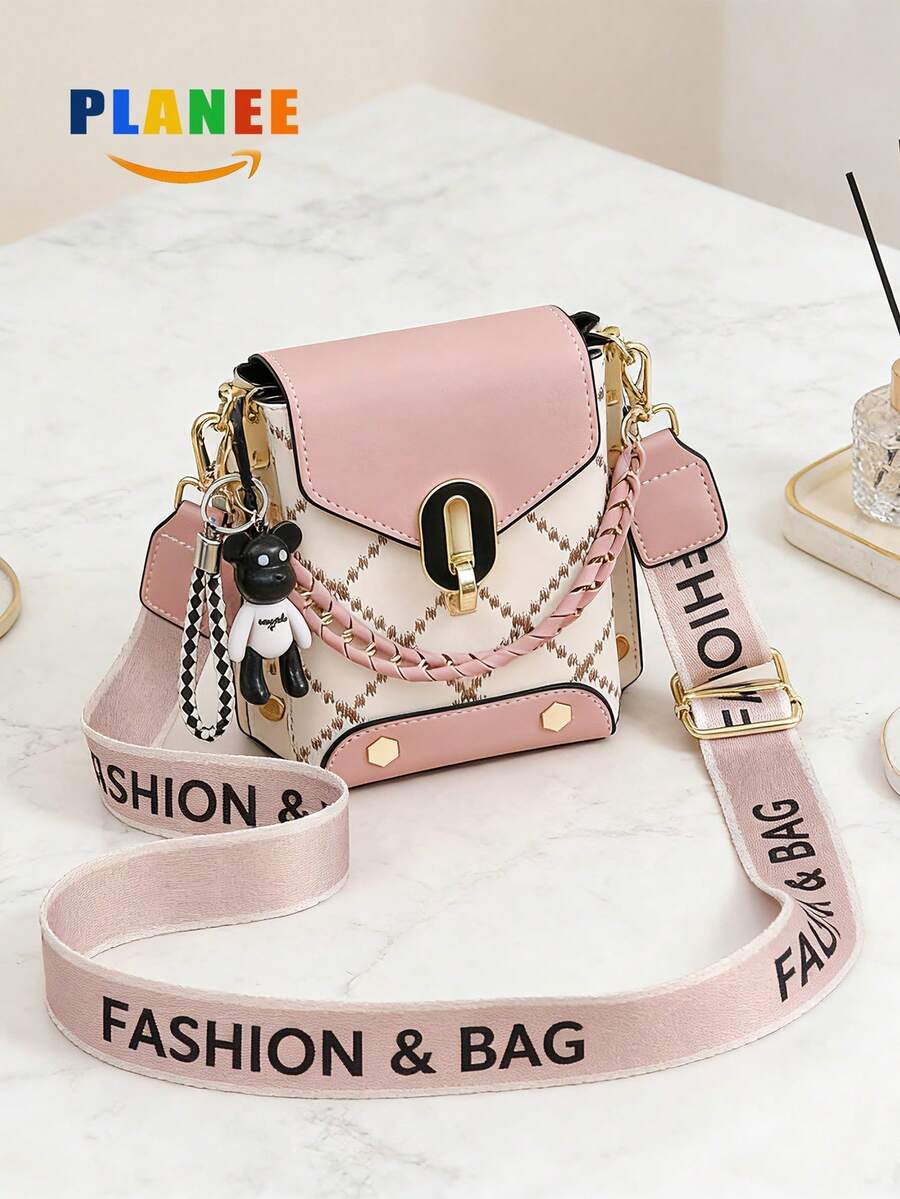 PLANEE Women's Crossbody Bag With Wide Letter Strap – Pink & Plaid Mini Shoulder Purse With Bear Charm, Chain & Fabric Dual Strap, Fashionable Small Handbag For Daily Use - Pink - View 1