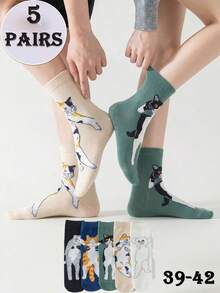 1/5 Pair (Random Delivery) Unisex Funny Cat Pattern Mid-Calf Socks, Eye-Catching And Unique For Spring/Autumn Daily Wear - Multicolor - View 13