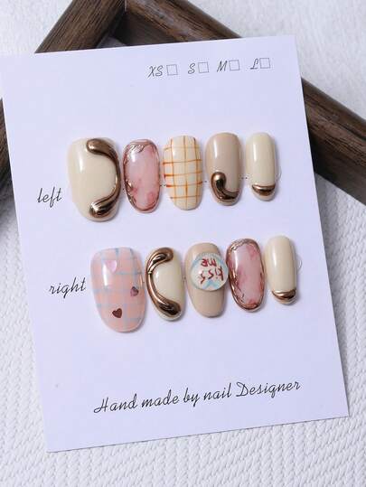 10片/套 手工制作的Y2K多色奶油甜蛋糕风格短椭圆美甲贴片，采用3D手绘水晶造型和手绘渐变晕染网格线设计，用于美甲装饰。包含1片果冻胶和1把指甲锉。非常适合派对和正式场合佩戴，适用于美甲贴片和美甲护理产品。