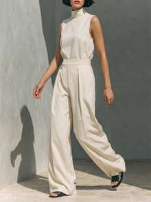 Bộ đồ nữ tối giản gồm áo không tay và quần ống rộng làm từ chất liệu cotton và lanh. - Màu Khaki - Xem 3