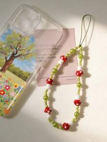 多元素串珠单件装治愈系森系手机挂绳，蘑菇牛油果绿串珠钥匙扣，适用于所有手机型号，装饰氛围礼品，森系风格，春季礼物 - 彩色 - 查看 3