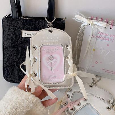 Ballerina Style DIY Ribbon Card Holder, Student Silver Shiny 3-Inch Idol Card Pouch, Backpack Accessory