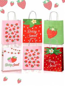 6/12pcs/Strawberry Party Gift Bags Summer Strawberry Gift Bags Cute Strawberry Candy Bags With Handles Strawberry-Themed First Birthday Party Supplies BabyChristening & Wedding Decorations - Multicolor - View 1