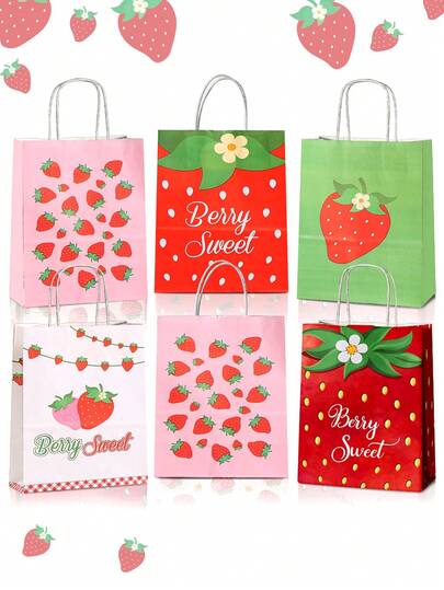 6/12个装草莓派对礼品袋 夏季草莓礼品袋 可爱草莓糖果袋 带提手 草莓主题一周岁生日派对用品 婴儿洗礼及婚礼装饰