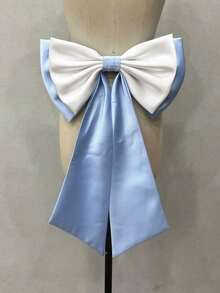1pc White Satin Double-Layered Bowknot With 55cm Long Black Ribbon Waist Decoration Valentine's Day - 藍白色 - 查看 12