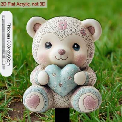 1 pieza Estaca de suelo de acrílico 2D colorida | Oso de peluche con decoración del Día de San Valentín, embellece plantas en macetas y senderos, adecuado para decoración y ornamentos exteriores, estilo de arte decorativo