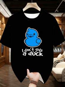 Plus Size Men's Pajama Set | Round Neck Short Sleeve Top And Elastic Waist Casual Shorts, 2 Pieces Set | Polyester Knit Fabric, Soft And Breathable, Loose And Comfortable | Cute Cartoon Funny Cute Little Blue Duck Print Casual Design - Black - View 2