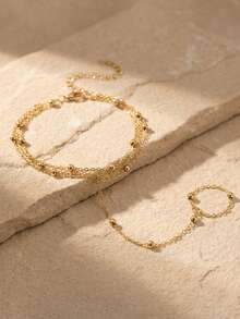 Elegant Gold-Tone Adjustable Faux Pearl Beaded Finger Ring, Bracelet, Crystal Zirconia Bracelet Jewelry Gift For Women - Multicolor - View 4