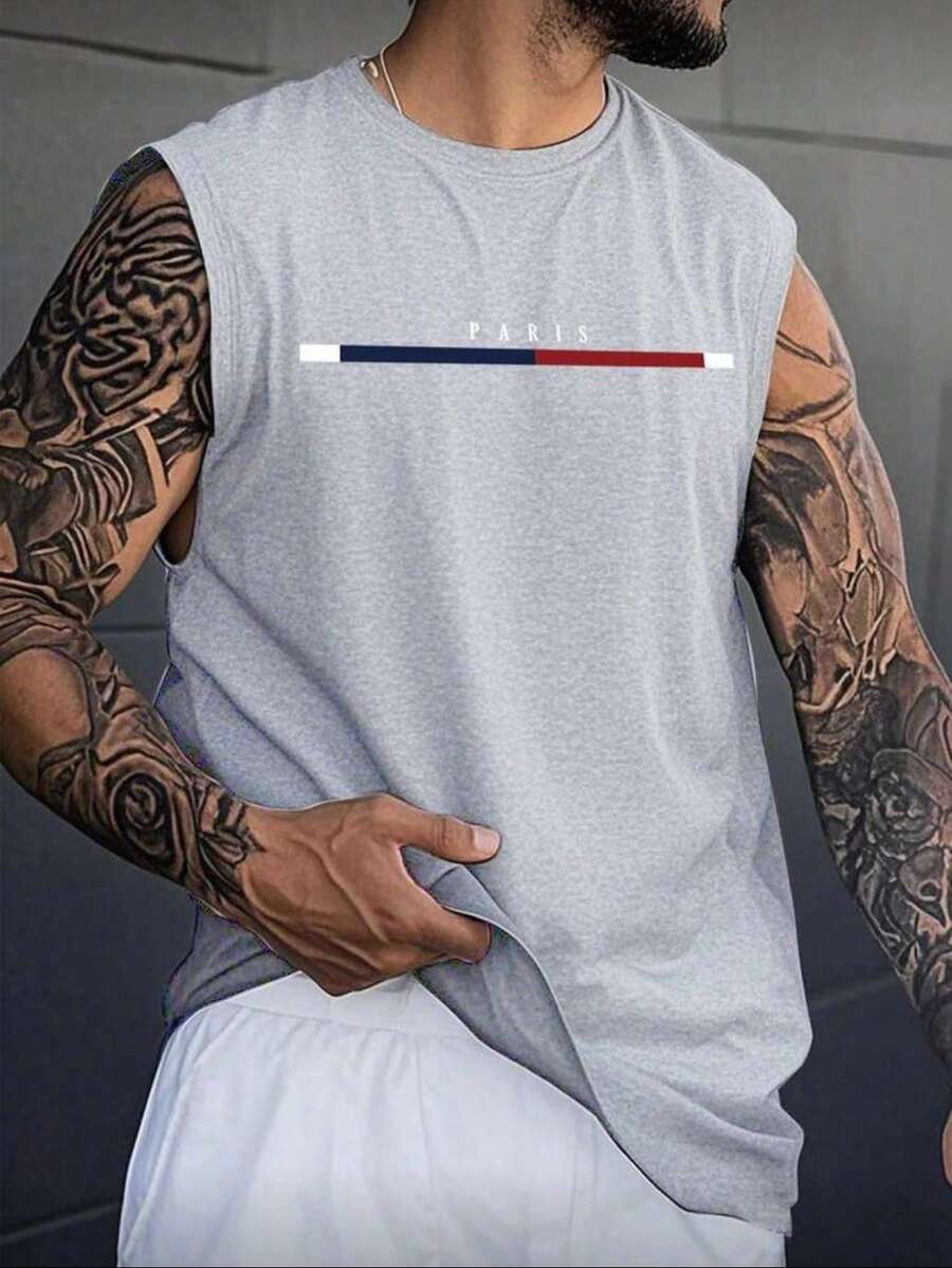 Men's And Women's Basic Tank Tops With Letter Design, Unisex, Sleeveless, 100% Premium Cotton - 淺灰色 - 查看 1