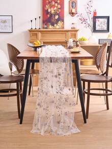 1pc White Sheer Floral Embroidered Tablecloth, American Farmhouse Style Rectangular Table Runner, Suitable For Daily, Festivals, Parties, Weddings, Hotels, Home Dinners, All Seasons Decor - White - View 5
